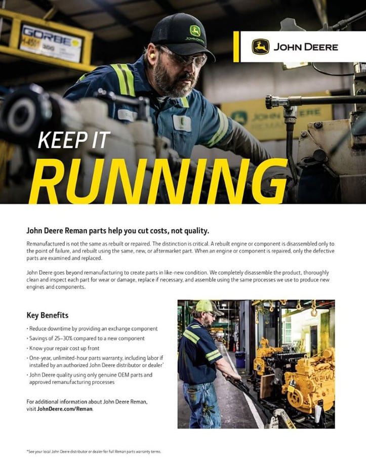Cover page of online magazine for John Deere Reman with text and images of workers in the factory