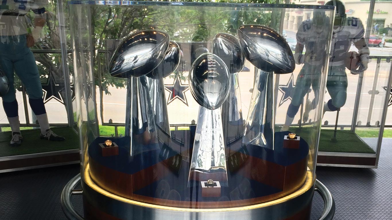 Vince Lombardi trophies on display at the Cowboys Hall of Fame trailer