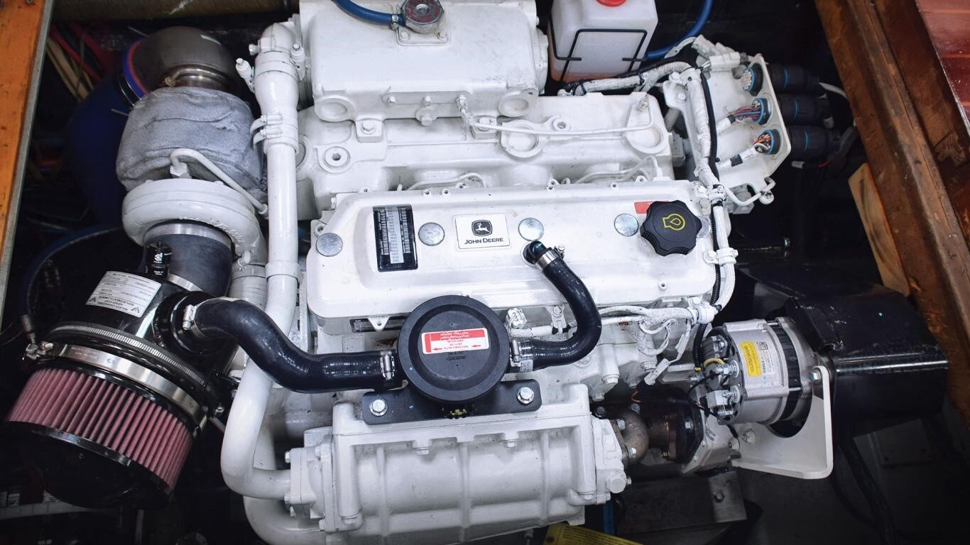 A John Deere marine engine inside the engine room on Emerald Lady motorsailer