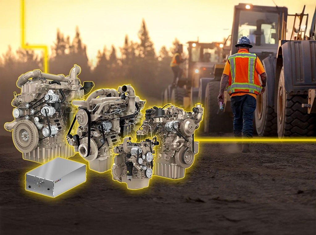 Lineup of John&nbsp;Deere diesel engines and a KREISEL Electric battery pack overlaid on a construction site.