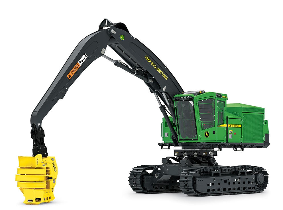 John Deere 959ML Directional Feller on a white background