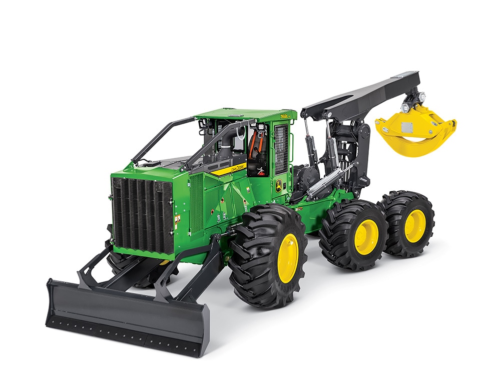 John Deere 768L-II Bogie Skidder on a white background