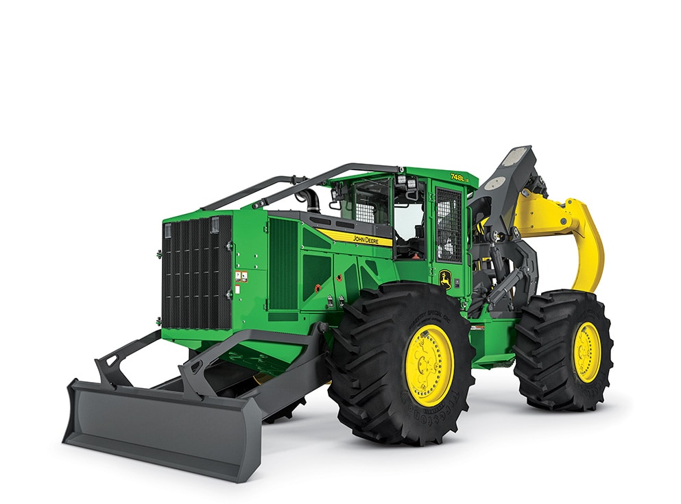 John Deere 748L-II Skidder on a white background