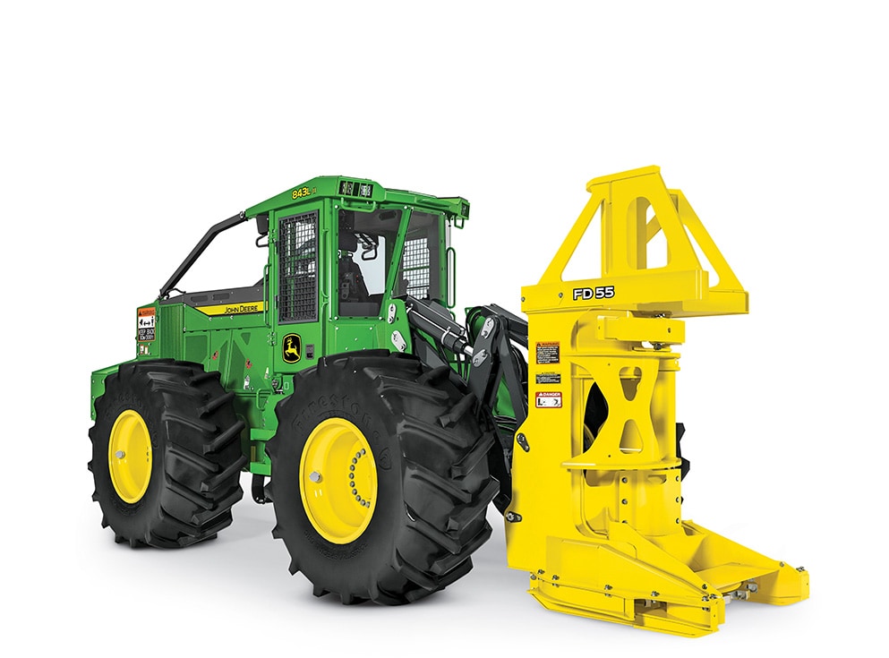 John Deere 843L-II Wheeled Feller Buncher with FD55 Felling Head on a white background 