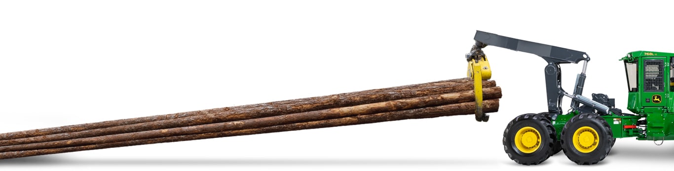 John Deere 768 Skidder hauls a load of logs on a white background
