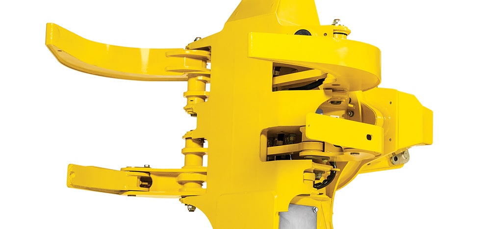 Close up view of the grapples on a John Deere FR24B Felling Head on white background.