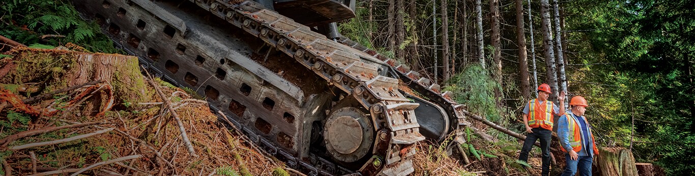 Loggers looking downhill next to a 909ML Shovel Logger undercarriage