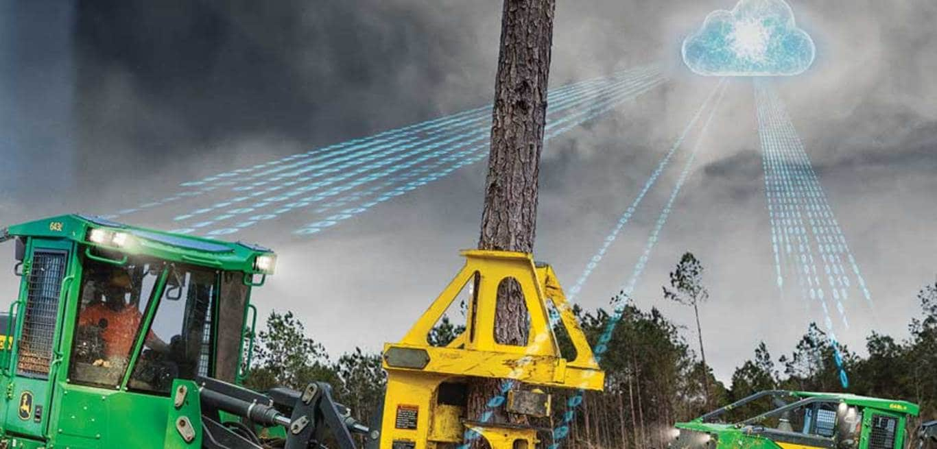 a computer generated cloud illustration sending rays of data toward farming and construction equipment