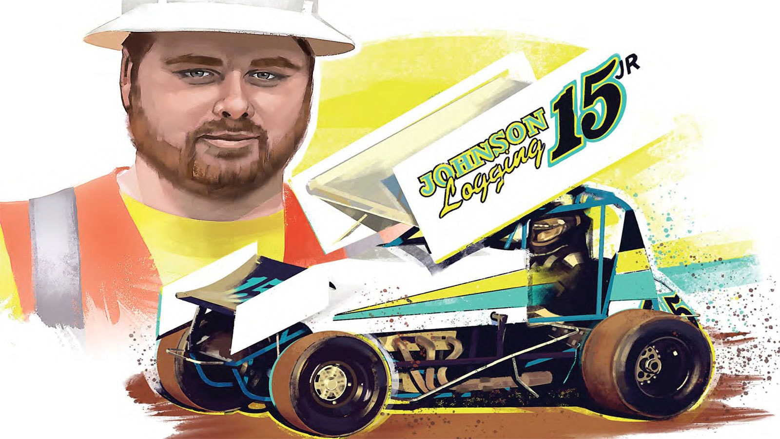 An artistic rendering of Thomas Johnson and his Johnson Logging sprint car.