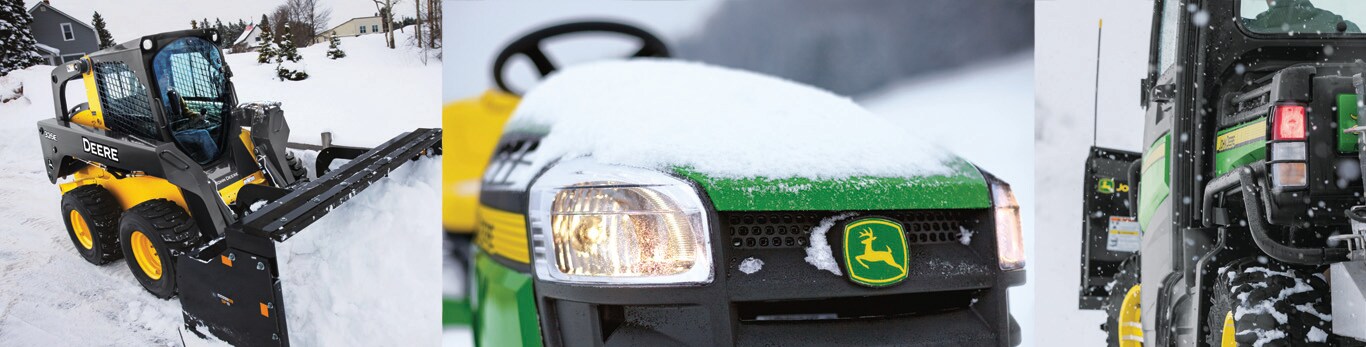 Composite image of a skid steer with snow pusher, lawn tractor with snow blade and Gator utility vehicle with snow blade