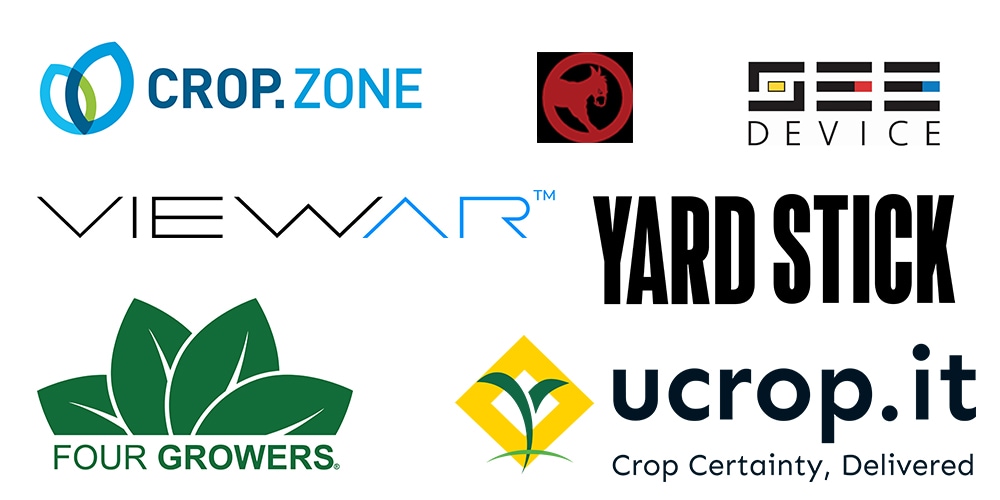 Logos for the startup companies Burro, CropZone.com, Four Growers, SeeDevice, Ucropit, ViewAR, and Yard Stick 