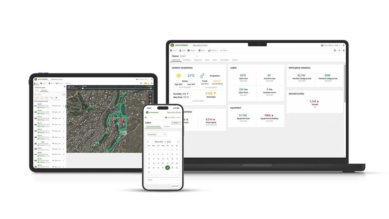 John Deere Pro Golf technology is displayed on a tablet, phone, and laptop.