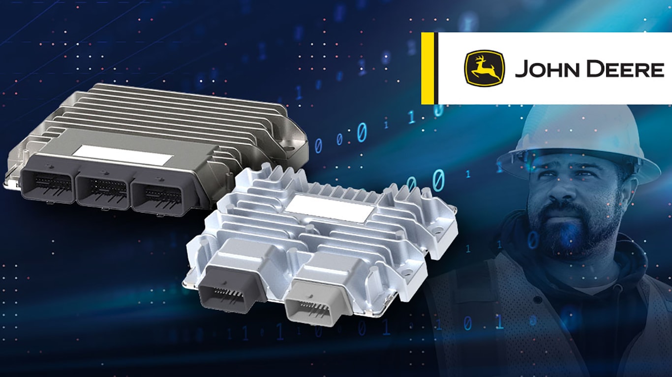 John Deere Electronic Control units on a digitized background with the Deere logo