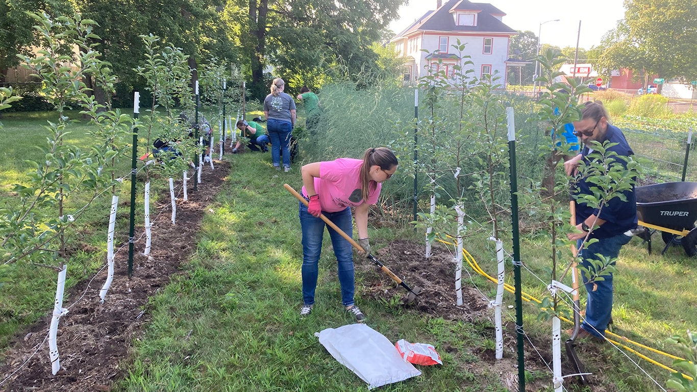 Deere employees volunteer in the Waterloo Peoples Clinic Community Garden to produce fresh food