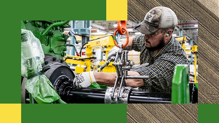 A collage of a US John Deere factory employee and a tractor working a field