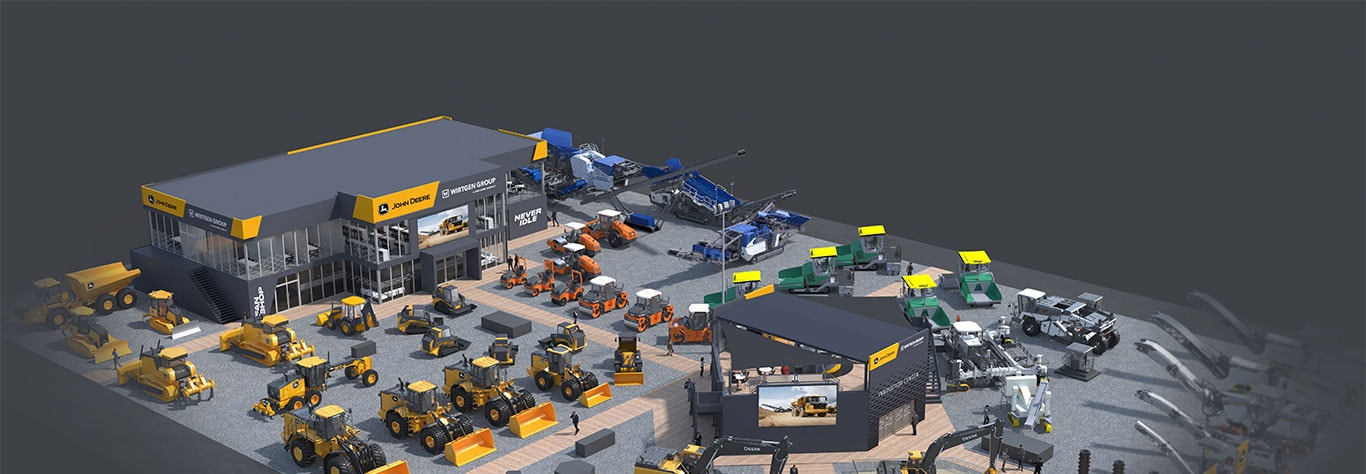 Large graphic displaying the John&nbsp;Deere and Wirtgen Group joint booth for CONEXPO-CON/AGG 2026.