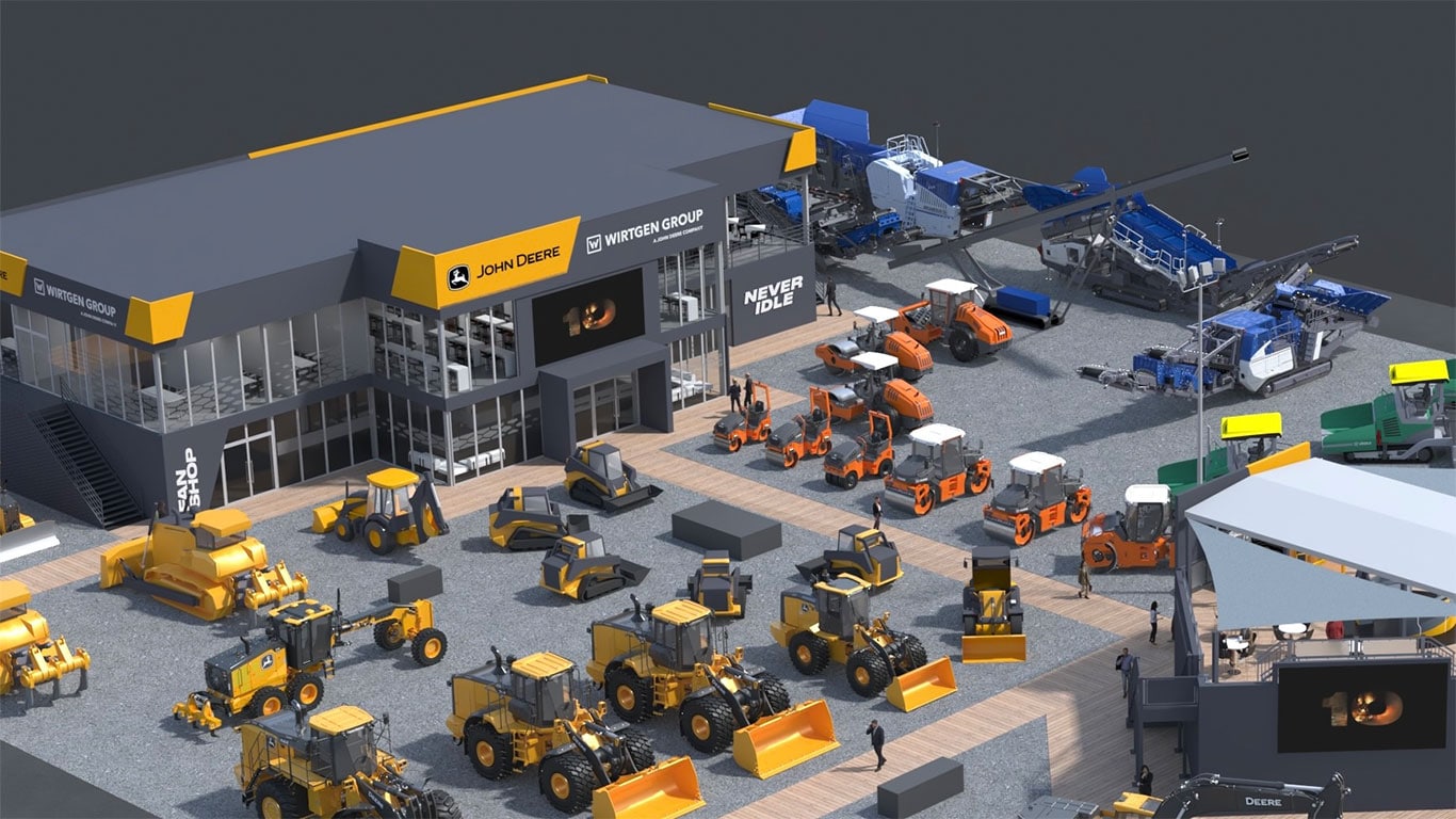 Large graphic displaying the John&nbsp;Deere and Wirtgen Group joint booth for CONEXPO-CON/AGG 2026.