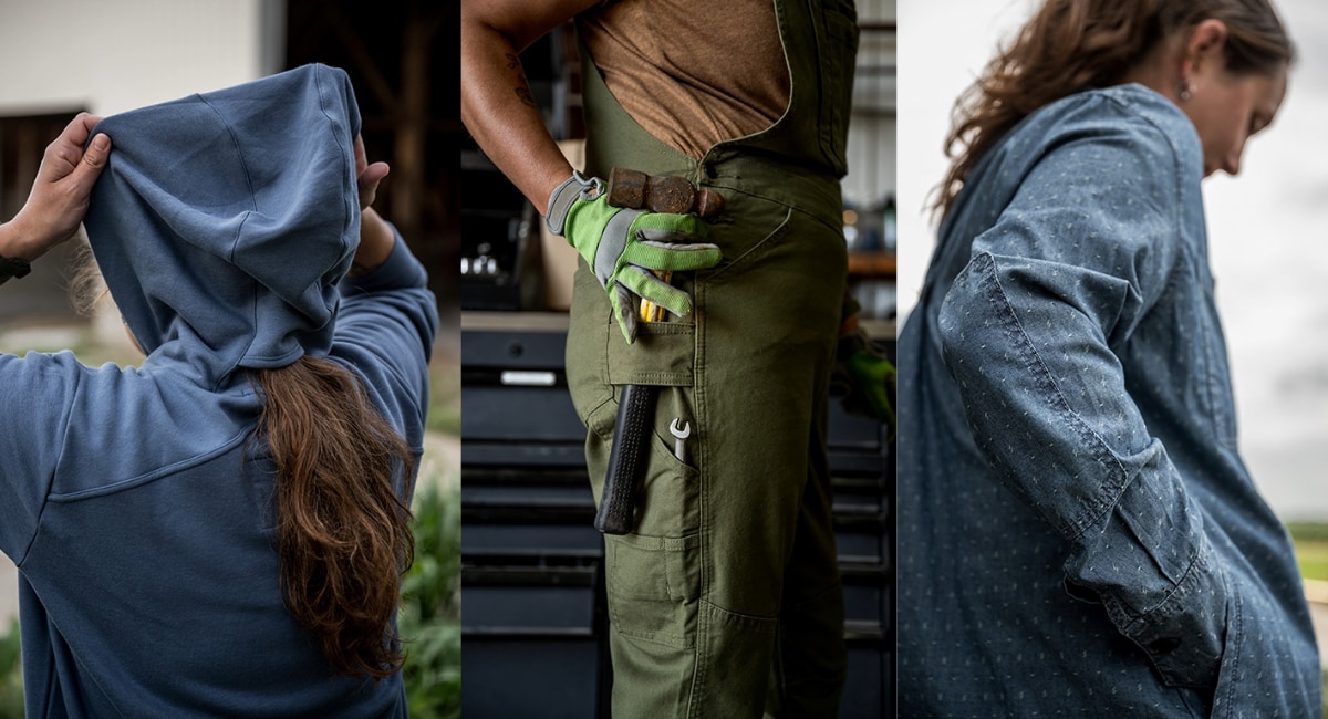 an assortment of Dovetail merchandise such as a hoodie, overalls and jeans
