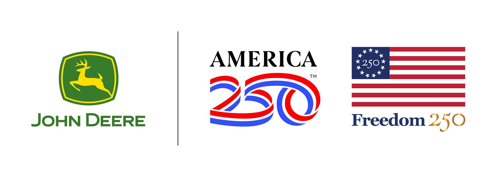 John Deere, America 250 and Freedom 250 logos on a white background