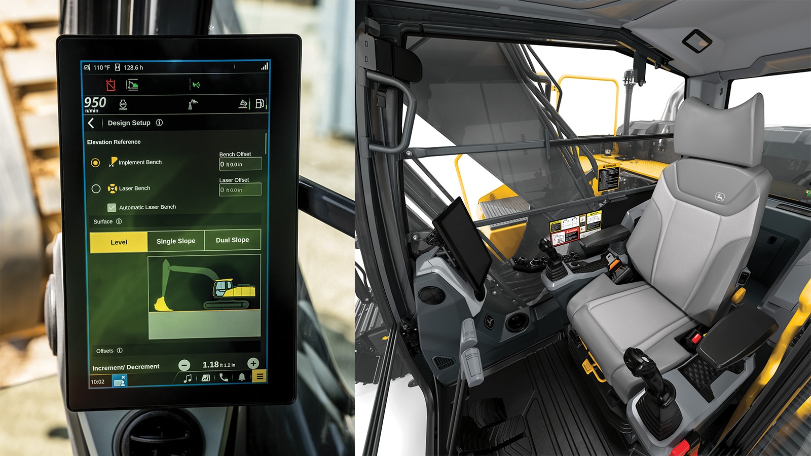 interior of new excavator showing the cabin and a close-up of the screen