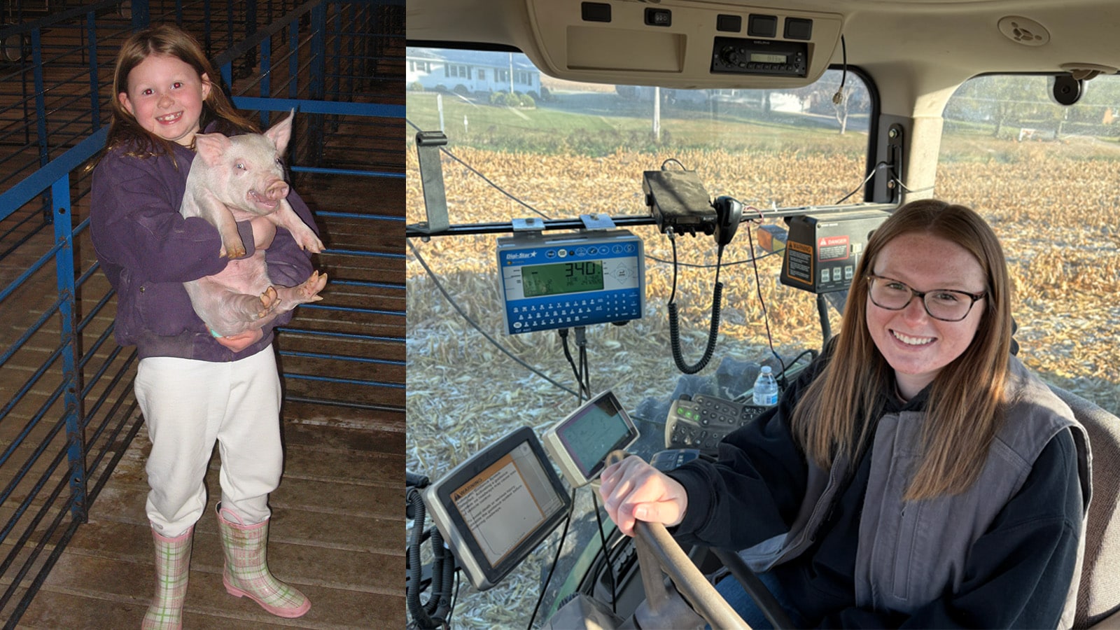 Images Beth Lamp as a young girl holding a pig and of her now operating a tractor