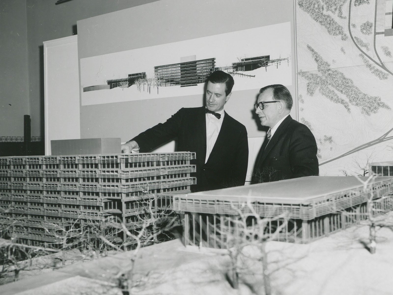 image of the original planning of the John Deere headquarters with an architectural model