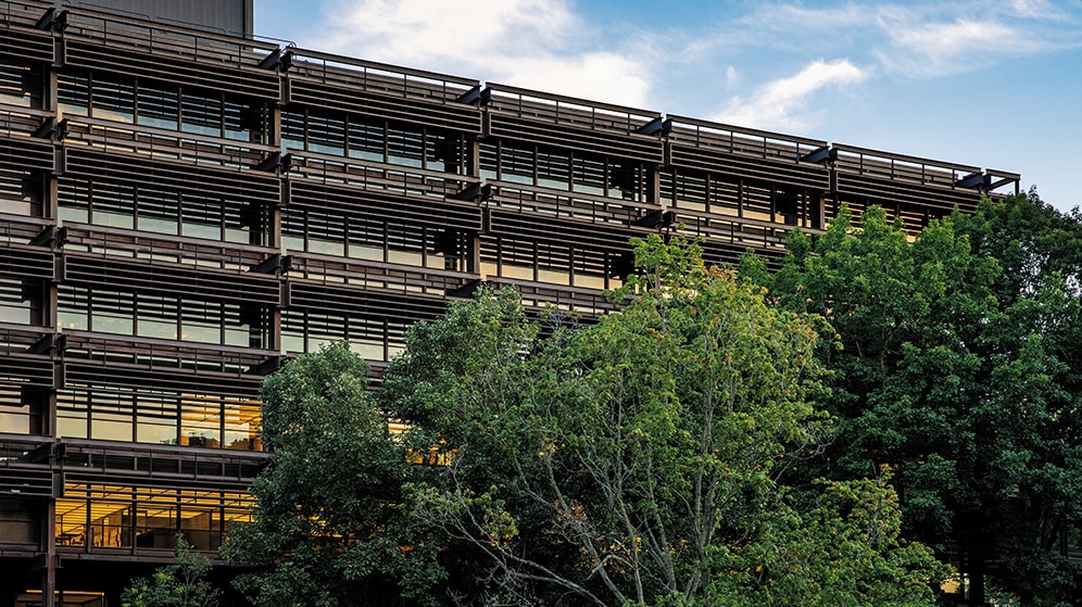 outside of John Deere global headquarters in Moline, Ill.