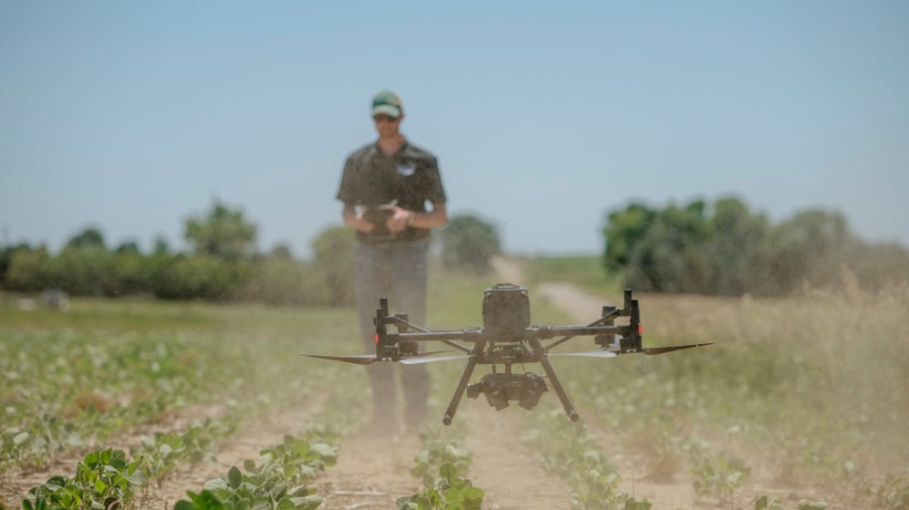 a Sentera mobile drone uses AI technology to scan a soybean field