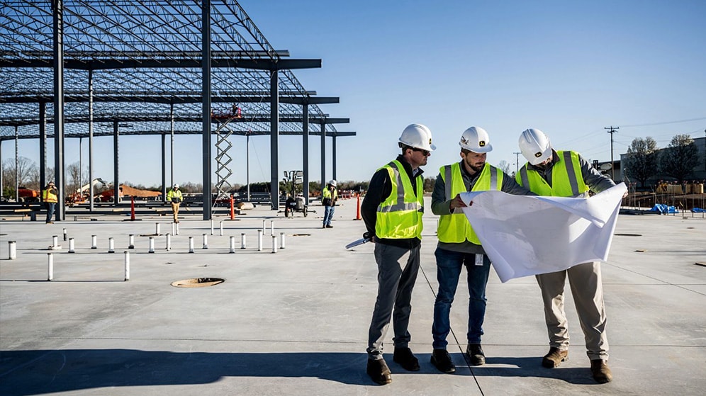 construction employees review blueprint plans for the Kernersville, North Carolina excavator factory