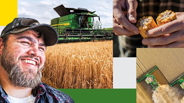 A collage of a US John Deere factory employee and a tractor working a field