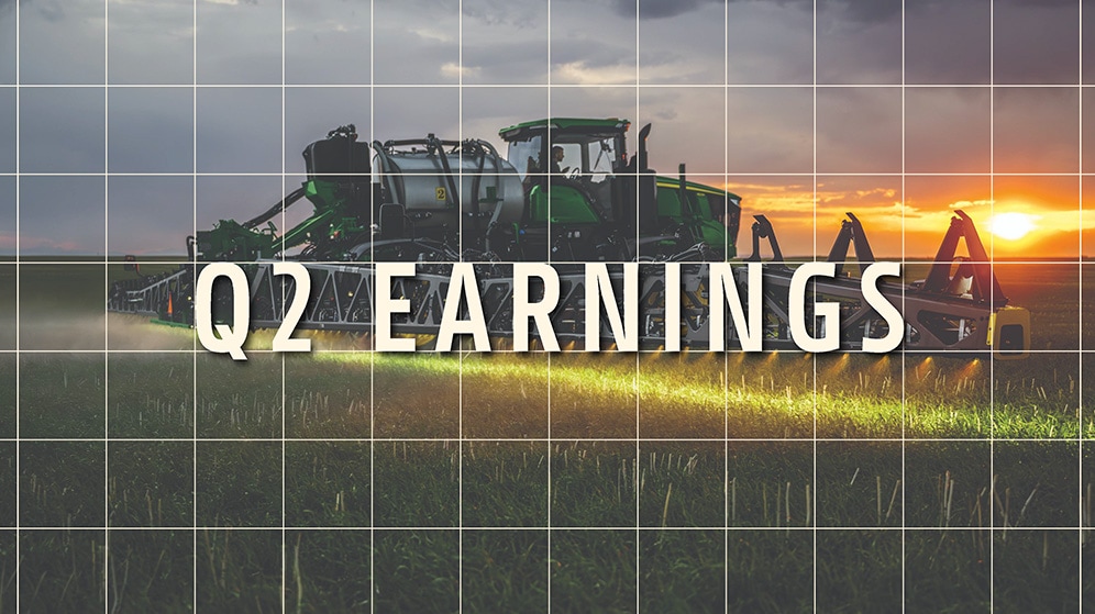 "Q2 Earnings" over an image of a tractor in a field at dawn