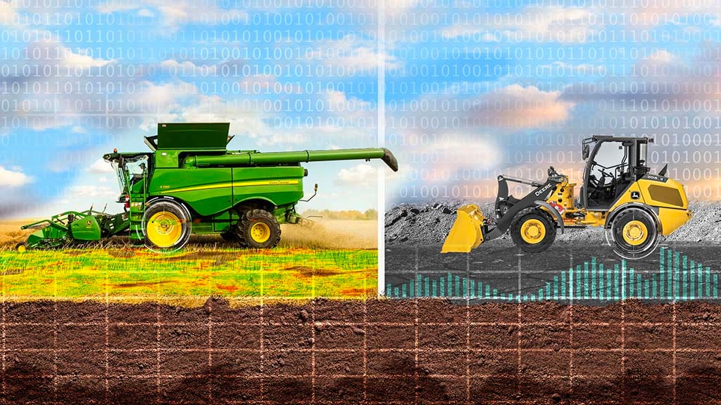 Digitized image of a combine and a wheel loader with a data overlay