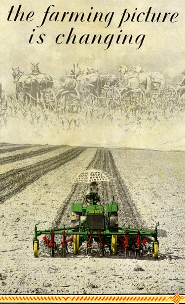 1930 color illustration of the A148 John Deere General Purpose Tractor tilling a field