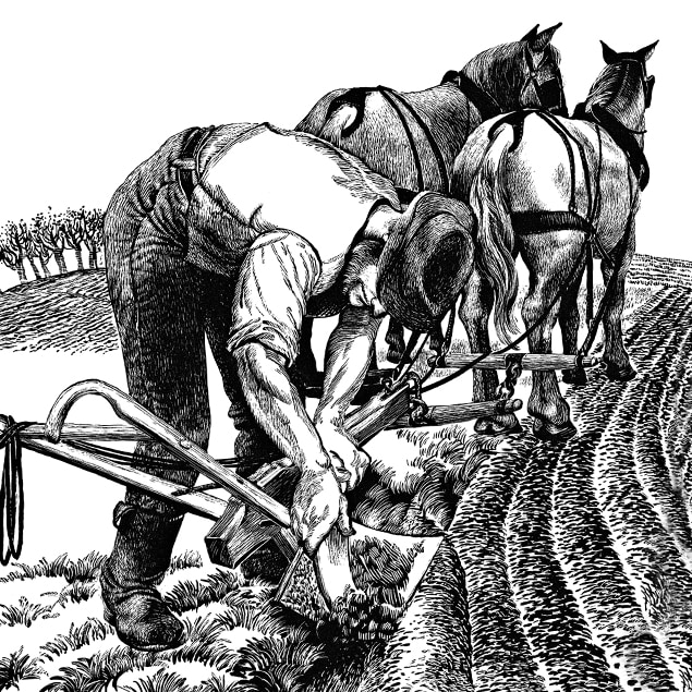 Line illustration showing a farmer scraping dirt of his steel plow	