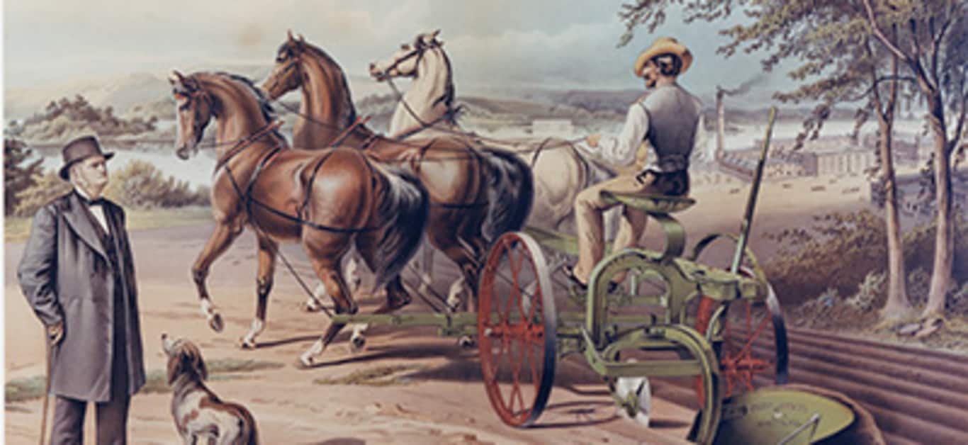 vintage ad poster for GRAND DETOUR PLOW CO horses man machine COLLECTORS