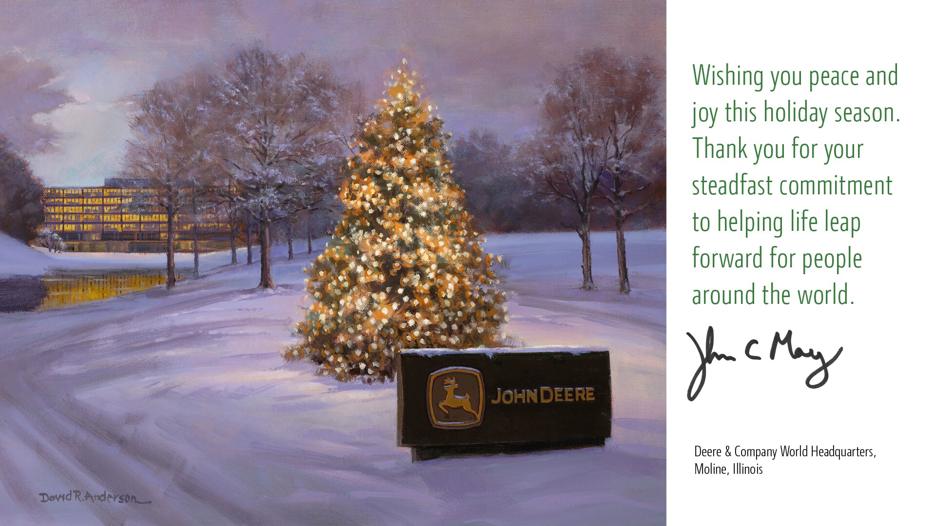 A painting of John Deere headquarters in Moline, IL with a brightly lit tree behind the John Deere sign