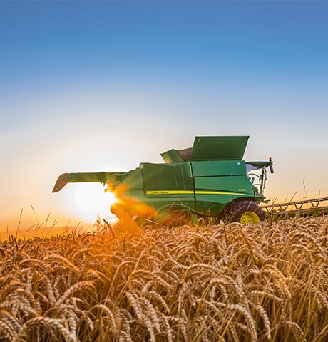 S Series S790i Combine harvesting a wheat field in France at sunset