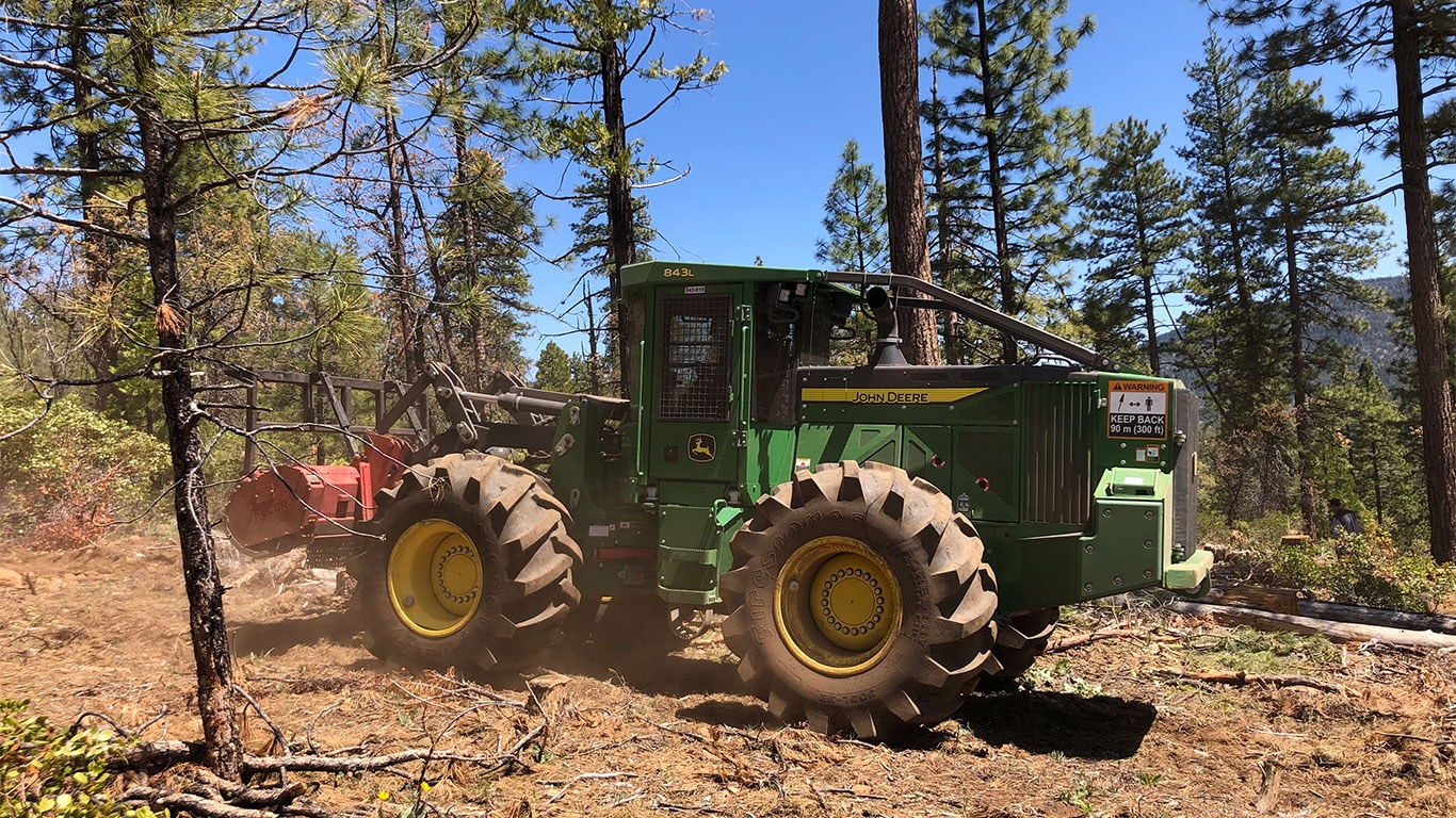 The 843L Wheeled Feller Buncher cutting down trees on a jobsite.