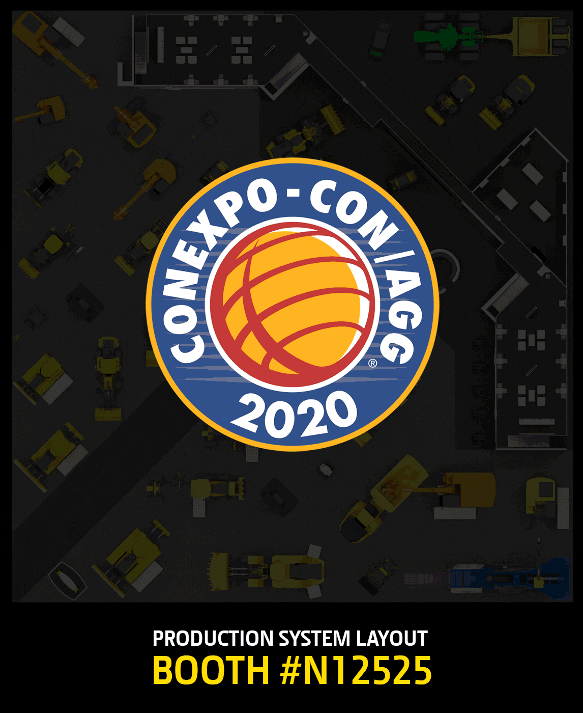 Overhead view of the John Deere CONEXPO/CON-AGG Booth featuring equipment groupings by production system