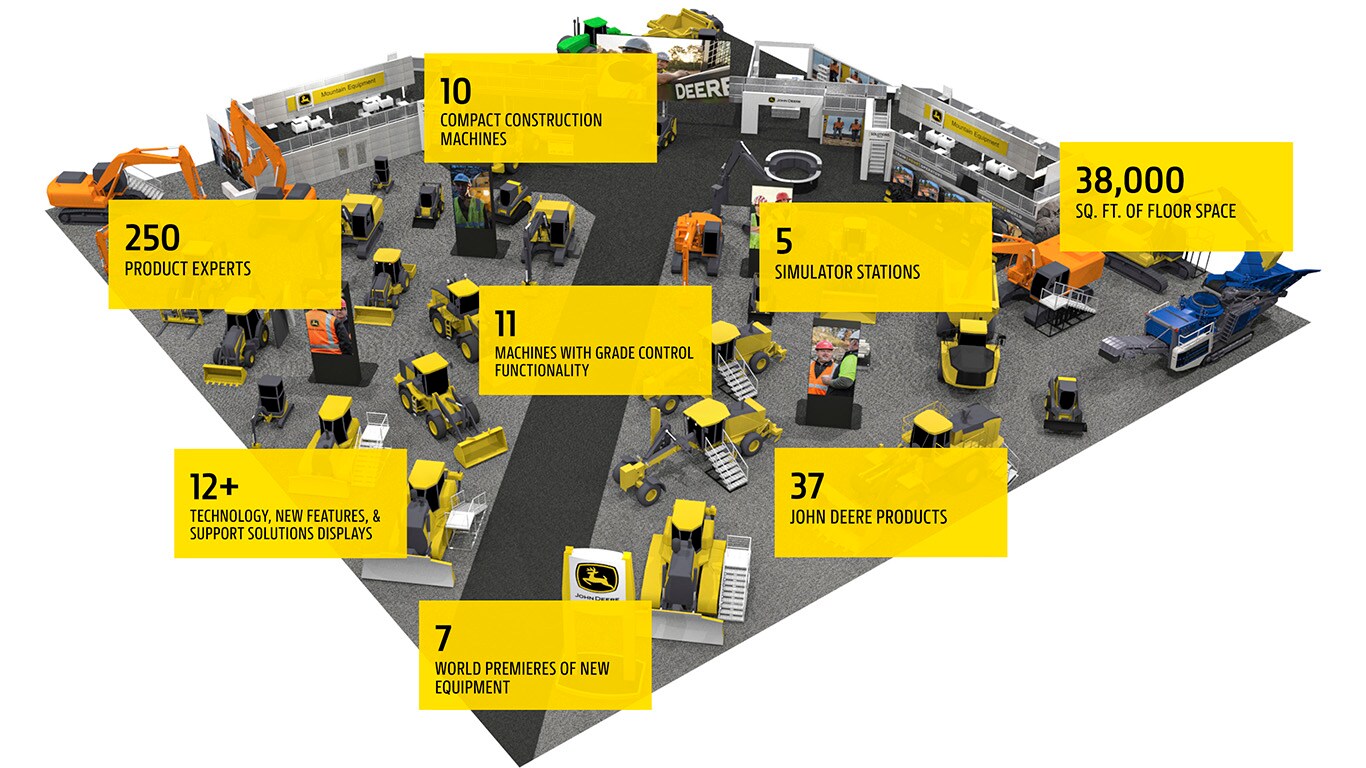 View of John Deere booth at CONEXPO featuring equipment and exhibition attendees