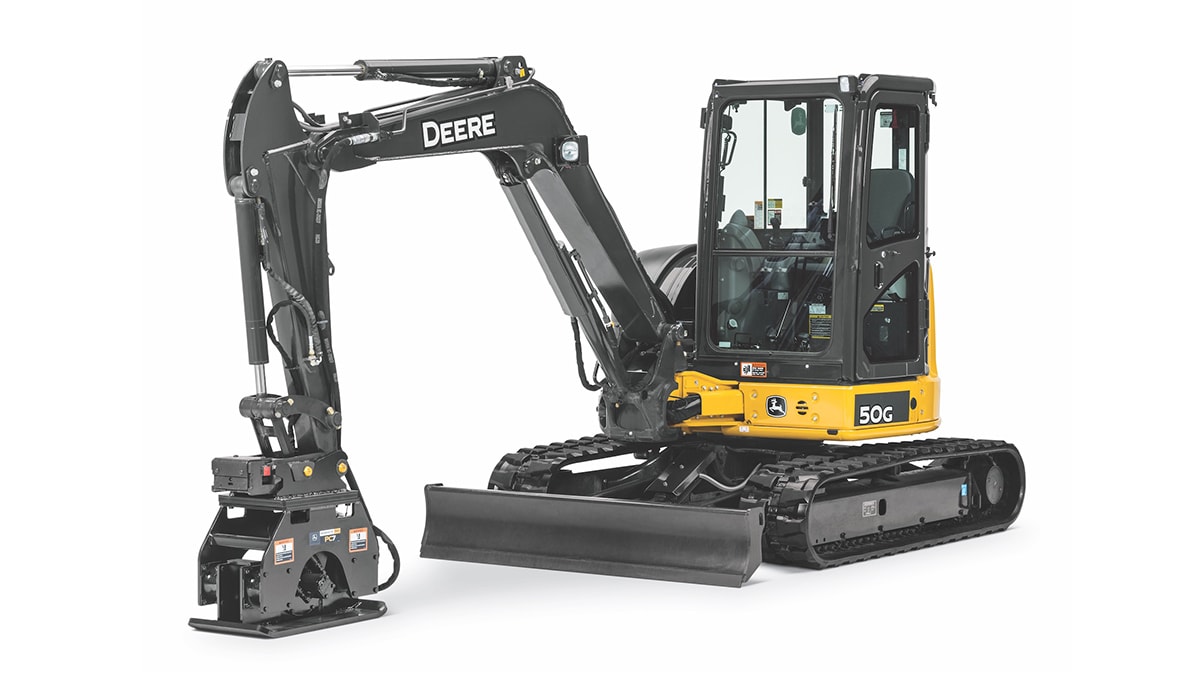 John Deere PC4, PC7 and PC10 plate compactor models for trench, slope and excavation compaction applications.