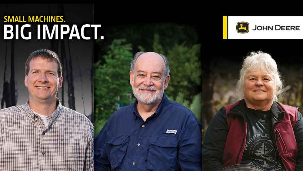John Deere Small Machines. Big Impact. community enhancement contest finalists Neil Behnke, Kobus Appelgrijn and Anita Will.