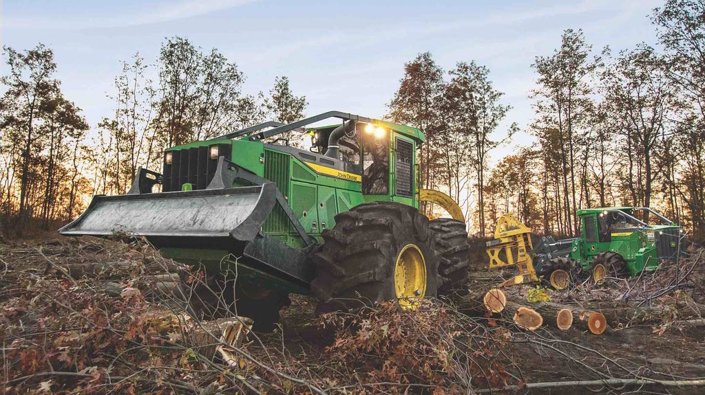 A skidder and a feller buncher photographed working on a jobsite.