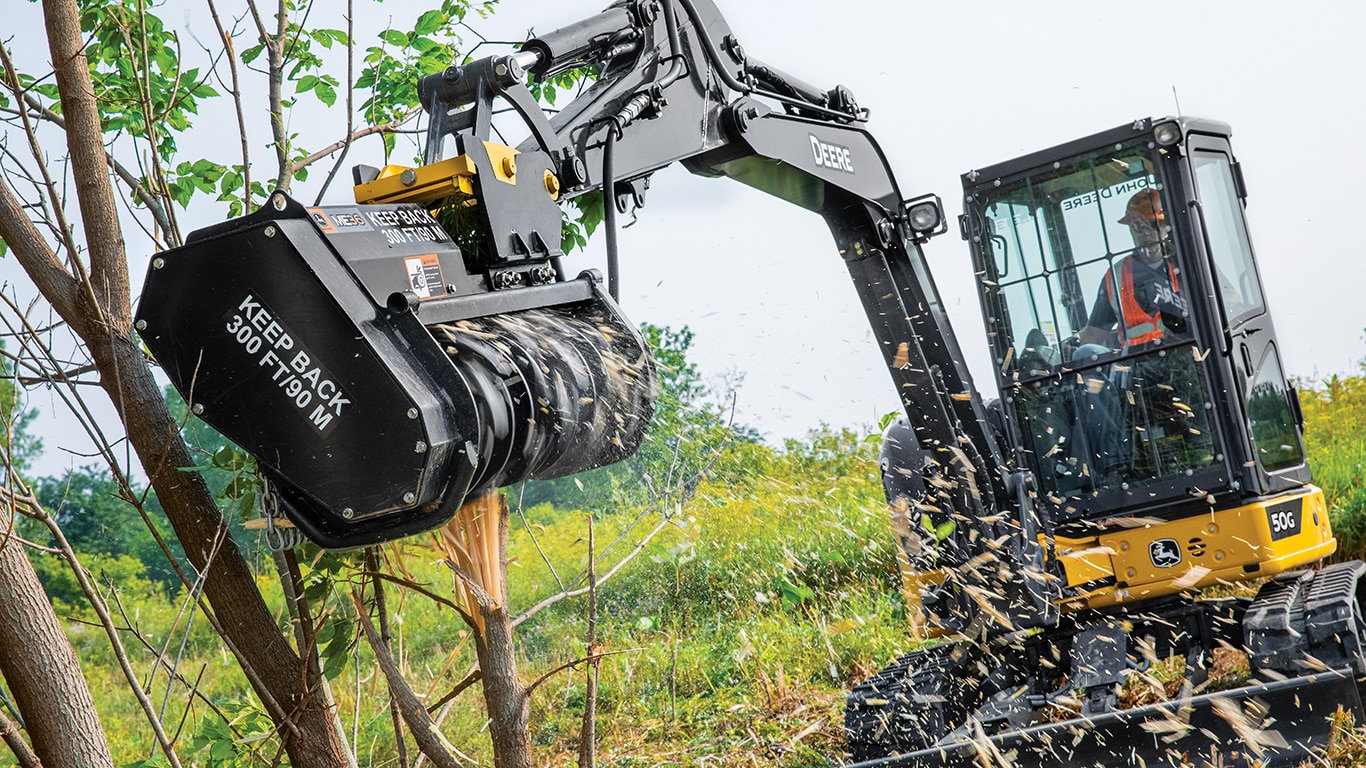 The John Deere ME36 and ME50 Mulchers are available as dealer installed kits for the John Deere 50/60 and 75/85 model excavators.