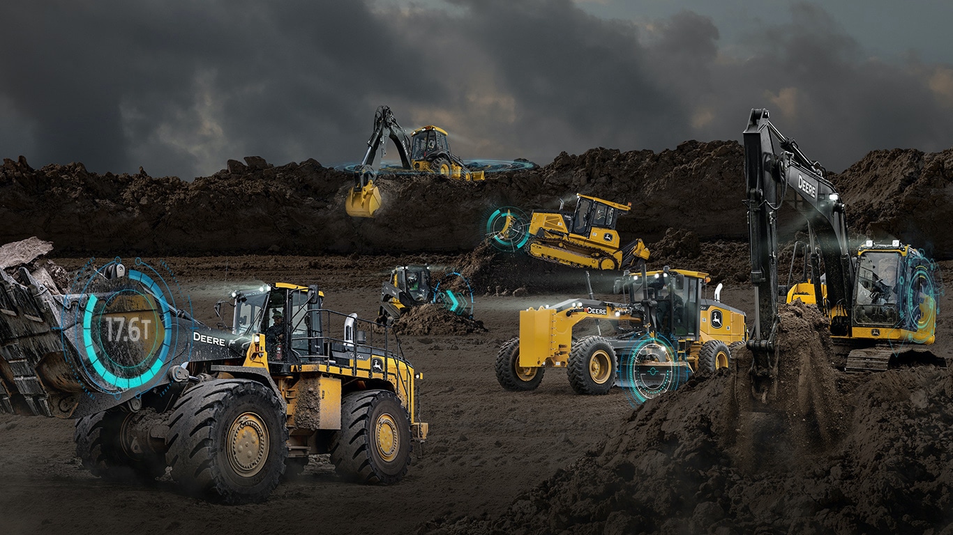 Graphic of John Deere various construction equipment models on a jobsite.