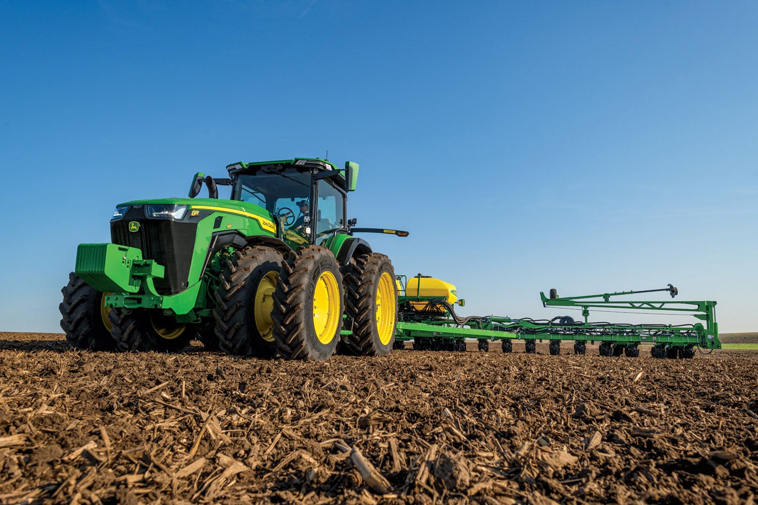Seven models of John Deere 8R Wheel Tractors are offered from 230 to 410 horsepower including the 8R 410 shown here. 