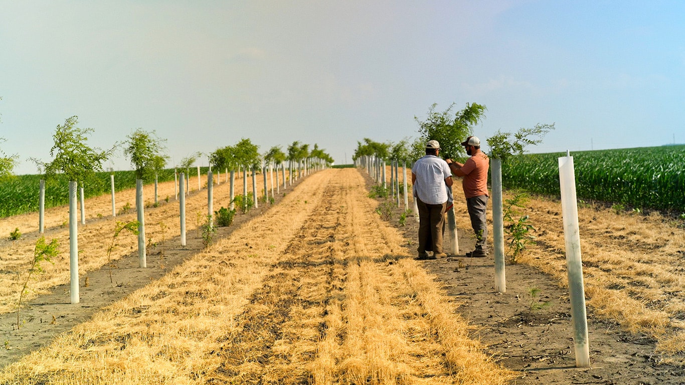 A man from The NAture Conservancy chats with a farmer on farm land