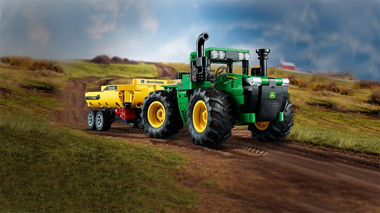 Closeup of the new LEGO John Deere 9R tractor model toy.