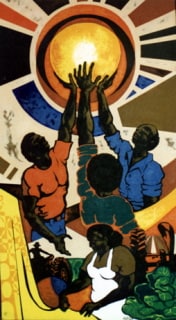 Illustration of black farmers reaching toward the sun together
