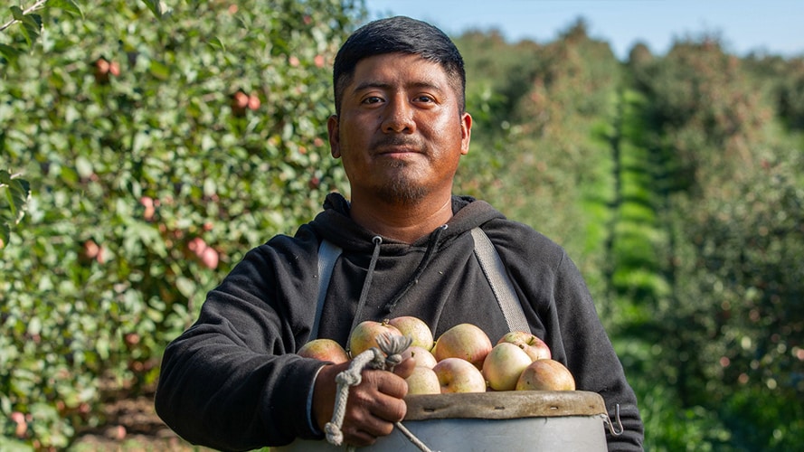 A farmer holding a basket of produce